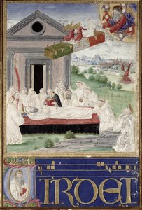 El funeral de San Benito (480-527) con San Romauld (c.951-1027) 1502 de Attavante di Gabriello di Vanti di Bartolo